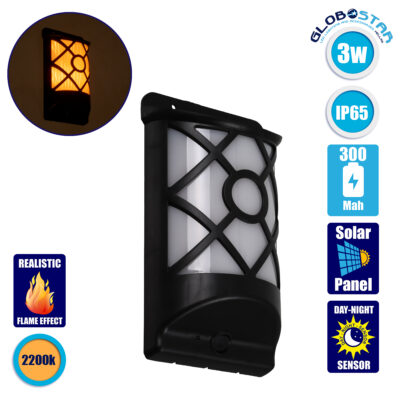 LEDTM® FLAMEART 71457 Διακοσμητικό Φωτιστικό Τοίχου LED 3W 90lm 120° DC 5V με Φωτοβολταϊκό Panel 5V 0.2W & Επαναφορτιζόμενη Μπαταρία Li-ion 3.2V 300mAh Αδιάβροχο IP65 Πορτοκαλί με Εφέ Φλόγας - Μ18 x Π10 x Υ5cm - 1 Χρόνο Εγγύηση
