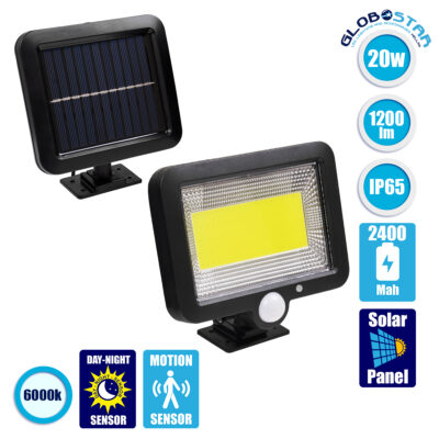 LEDTM® ZETA 71460 Προβολέας με Ανιχνευτή PIR / Αισθητήρα Κίνησης LED 20W 600lm 120° DC 5V με Φωτοβολταϊκό Panel 5V 1W & Επαναφορτιζόμενη Μπαταρία Li-ion 3.2V 2400mAh Αδιάβροχο IP65 Ψυχρό Λευκό 6000K - Sanan COB Chip - Μαύρο - Μ15 x Π3.5 x Υ13cm - 2 Χρόνια Εγγύηση