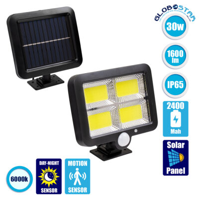 LEDTM® ZETA 71462 Προβολέας με Ανιχνευτή PIR / Αισθητήρα Κίνησης LED 20W 600lm 120° DC 5V με Φωτοβολταϊκό Panel 5V 1W & Επαναφορτιζόμενη Μπαταρία Li-ion 3.2V 2400mAh Αδιάβροχο IP65 Ψυχρό Λευκό 6000K - Sanan COB Chip - Μαύρο - Μ15 x Π3.5 x Υ13cm - 2 Χρόνια Εγγύηση