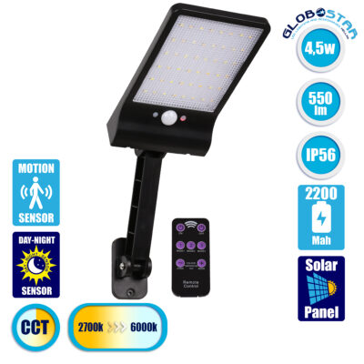 LEDTM® RASOL 71465 Προβολέας με Ανιχνευτή PIR / Αισθητήρα Κίνησης LED 4W 200lm 120° DC 5V με Φωτοβολταϊκό Panel 5V 0.3W & Επαναφορτιζόμενη Μπαταρία Li-ion 3.2V 2200mAh Αδιάβροχο IP65 Ρυθμιζόμενο Λευκό CCT με Χειριστήριο από 2700K έως 6000K Dimmable - Sanan SMD Chip - Μαύρο - Μ20.5 x Π11 x Υ3cm - 2 Χρόνια Εγγύηση