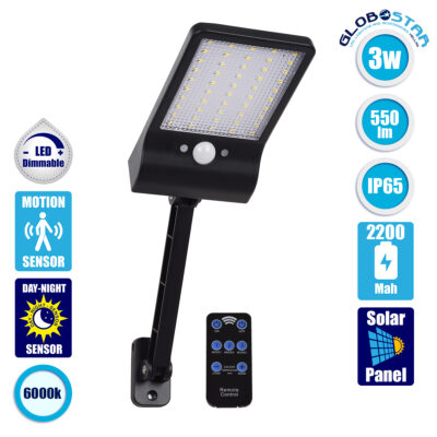 LEDTM® RASOL 71466 Προβολέας με Ανιχνευτή PIR / Αισθητήρα Κίνησης & IR Ασύρματο Χειριστήριο LED 4W 200lm 120° DC 5V με Φωτοβολταϊκό Panel 5V 0.3W & Επαναφορτιζόμενη Μπαταρία Li-ion 3.2V 2200mAh Αδιάβροχο IP65 Ψυχρό Λευκό 6000K Dimmable - Sanan SMD Chip - Μαύρο - Μ16.5 x Π9 x Υ3cm - 2 Χρόνια Εγγύηση