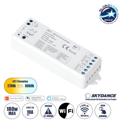 LEDTM® 71468 WT1 SKYDANCE DC WiFi & RF 2.4Ghz Dimmer High Speed Controller 2 Καναλιών DC 12-36V 2 x 5A 180W - Max 10A 180W - IP20 Μ11.5 x Π3.5 x Υ2cm - 5 Years Warranty