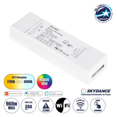 LEDTM® SKYDANCE-V5-L(WT) 71470 DC WiFi & RF 2.4Ghz & Push Dimmer / Controller με 5 x 6A 288W Κανάλια DC 12-48V 30A 1440W Max IP20 - WiFI & RF 2.4Ghz & Push Dimming - Μ18 x Π5.7 x Υ2.8cm - 5 Χρόνια Εγγύηση