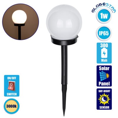 LEDTM® 71471 Αυτόνομο Ηλιακό Φωτιστικό LED SMD 1W 95lm με Ενσωματωμένη Μπαταρία 300mAh - Φωτοβολταϊκό Πάνελ με Αισθητήρα Ημέρας-Νύχτας Αδιάβροχο IP65 Φανάρι Κήπου Στρογγυλό Θερμό Λευκό 3000K