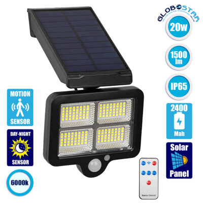 LEDTM® ORVION 71483 Προβολέας με IR Ασύρματο Χειριστήριο LED 20W 1000lm 120° DC 5V με Φωτοβολταϊκό Panel 5V 1W & Επαναφορτιζόμενη Μπαταρία Li-ion 3.2V 2400mAh Αδιάβροχο IP65 Ψυχρό Λευκό 6000K Dimmable - Sanan SMD Chip - Μαύρο - Μ12.5 x Π3.5 x Υ10cm - 2 Χρόνια Εγγύηση