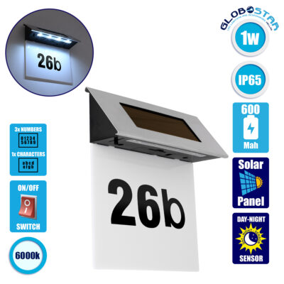 LEDTM® 71485 Αυτόνομο Ηλιακό Φωτιστικό LED SMD 1W 40lm με Ενσωματωμένη Μπαταρία 600mAh - Φωτοβολταϊκό Πάνελ με Αισθητήρα Ημέρας-Νύχτας για Αρίθμηση Διεύθυνσης Δρόμου Αδιάβροχο IP65 Ψυχρό Λευκό 6000K