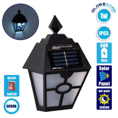 LEDTM® 71494 Αυτόνομο Ηλιακό Φωτιστικό Τοίχου Μαύρο LED SMD 1W 40lm με Ενσωματωμένη Μπαταρία 600mAh - Φωτοβολταϊκό Πάνελ με Αισθητήρα Ημέρας-Νύχτας IP65 Ψυχρό Λευκό 6000K