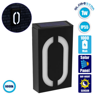 LEDTM® 71510 Αυτόνομο Ηλιακό Φωτιστικό LED SMD 1W 100lm με Ενσωματωμένη Μπαταρία 1000mAh - Φωτοβολταϊκό Πάνελ με Αισθητήρα Ημέρας-Νύχτας για Αρίθμηση Δρόμου με Αριθμό 0 Αδιάβροχο IP55 Ψυχρό Λευκό 6000K