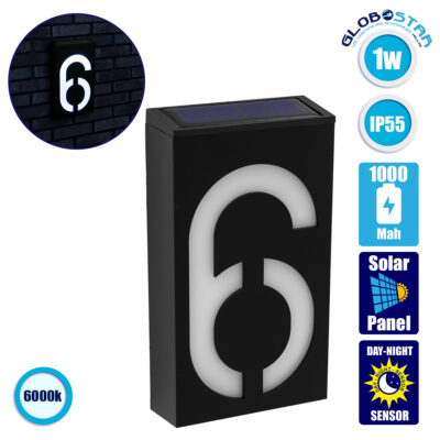 LEDTM® 71516 Αυτόνομο Ηλιακό Φωτιστικό LED SMD 1W 100lm με Ενσωματωμένη Μπαταρία 1000mAh - Φωτοβολταϊκό Πάνελ με Αισθητήρα Ημέρας-Νύχτας για Αρίθμηση Δρόμου με Αριθμό 6 Αδιάβροχο IP55 Ψυχρό Λευκό 6000K