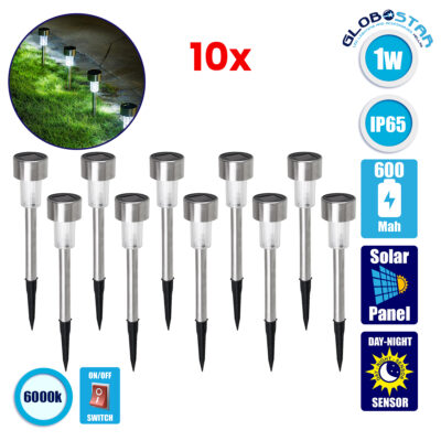 LEDTM® 71520-10 ΣΕΤ 10 Τεμαχίων Αυτόνομα Ηλιακά Φωτιστικά LED SMD 1W 100lm με Ενσωματωμένη Μπαταρία 600mAh - Φωτοβολταϊκό Πάνελ με Αισθητήρα Ημέρας-Νύχτας Αδιάβροχο IP65 Φανάρι Κήπου Στρογγυλό Ψυχρό Λευκό 6000K