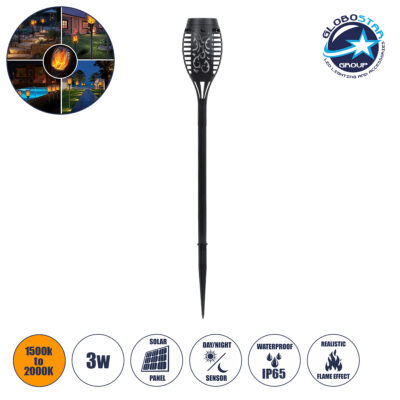 LEDTM® SOLARDECOR 71527 Διακοσμητικό Φωτιστικό Κήπου LED 3W 100lm 180° DC 5V με Φωτοβολταϊκό Panel 5V 0.2W & Επαναφορτιζόμενη Μπαταρία Li-ion 3.2V 600mAh Αδιάβροχο IP65 Πορτοκαλί με Εφέ Φλόγας - Μ7 x Π7 x Υ50cm - 2 Χρόνια Εγγύηση