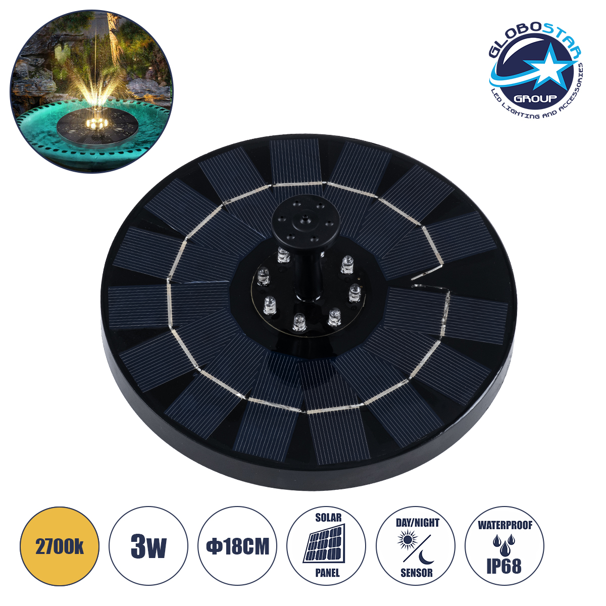 LEDTM® FOUNTAIN 71531 Διακοσμητικό Συντριβάνι LED 3W 120lm 120° DC 5V με Φωτοβολταϊκό Panel 5V 0.2W & Επαναφορτιζόμενη Μπαταρία Li-ion 3.2V 1500mAh Αδιάβροχο IP68 Θερμό Λευκό 2700K - Sanan Diode Chip - Μαύρο - 4 Μπέκ Ψεκασμού - Μ18 x Π18 x Υ8cm - 1 Χρόνο Εγγύηση