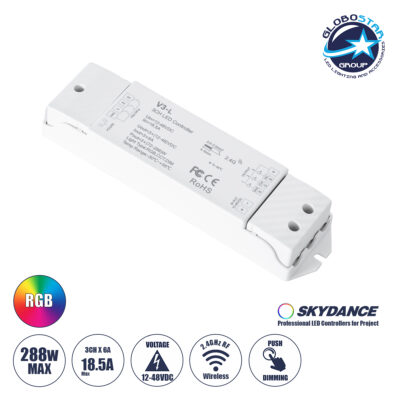 LEDTM® 71547 V3-L SKYDANCE DC RF 2.4Ghz Dimmer High Speed Controller & Push Dimming 3 Κανάλια DC 12-48V 3 x 6A 288W - Max 18.5A 288W - IP20 Μ17.5 x Π4.5 x Υ2.5cm - 5 Years Warranty