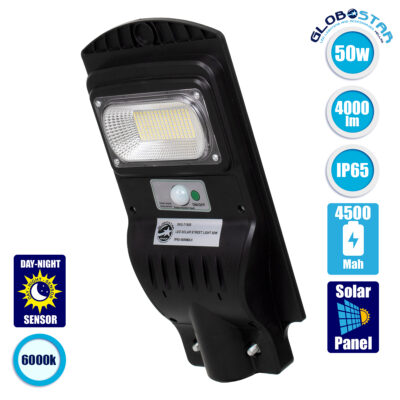 LEDTM® 71550 Αυτόνομο Ηλιακό Φωτιστικό Δρόμου Street Light LED SMD 50W 4000lm με Ενσωματωμένη Μπαταρία Li-ion 4500mAh - Φωτοβολταϊκό Πάνελ με Αισθητήρα Ημέρας-Νύχτας PIR Αισθητήρα Κίνησης Αδιάβροχο IP65 Ψυχρό Λευκό 6000K
