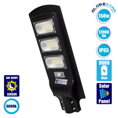 LEDTM® 71552 Αυτόνομο Ηλιακό Φωτιστικό Δρόμου Street Light LED SMD 150W 12000lm με Ενσωματωμένη Μπαταρία Li-ion 9000mAh - Φωτοβολταϊκό Πάνελ με Αισθητήρα Ημέρας-Νύχτας PIR Αισθητήρα Κίνησης Αδιάβροχο IP65 Ψυχρό Λευκό 6000K