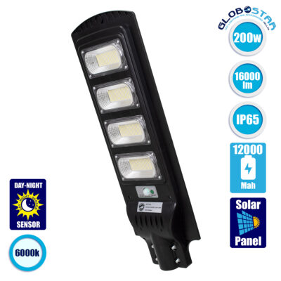 LEDTM® 71553 Αυτόνομο Ηλιακό Φωτιστικό Δρόμου Street Light LED SMD 200W 16000lm με Ενσωματωμένη Μπαταρία Li-ion 12000mAh - Φωτοβολταϊκό Πάνελ με Αισθητήρα Ημέρας-Νύχτας PIR Αισθητήρα Κίνησης Αδιάβροχο IP65 Ψυχρό Λευκό 6000K