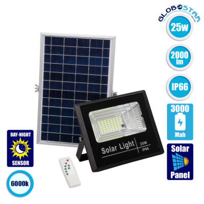 LEDTM® HERMES 71554 Προβολέας με IR Ασύρματο Χειριστήριο LED 25W 1250lm 120° DC 5V με Φωτοβολταϊκό Panel 5V 4W & Επαναφορτιζόμενη Μπαταρία Li-ion 3.2V 3000mAh Αδιάβροχο IP66 Ψυχρό Λευκό 6000K Dimmable - Sanan SMD Chip - Μαύρο - Μ19.5 x Π5 x Υ4.8cm - 2 Χρόνια Εγγύηση