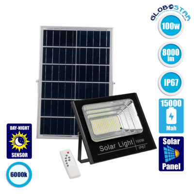 LEDTM® HERMES 71557 Προβολέας με IR Ασύρματο Χειριστήριο LED 100W 5000lm 120° DC 5V με Φωτοβολταϊκό Panel 5V 20W & Επαναφορτιζόμενη Μπαταρία Li-ion 3.2V 15000mAh Αδιάβροχο IP66 Ψυχρό Λευκό 6000K Dimmable - Sanan SMD Chip - Μαύρο - Μ31.5 x Π26.2 x Υ7.5cm - 2 Χρόνια Εγγύηση