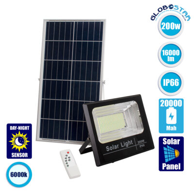 LEDTM® HERMES 71558 Προβολέας με IR Ασύρματο Χειριστήριο LED 200W 10000lm 120° DC 5V με Φωτοβολταϊκό Panel 5V 20W & Επαναφορτιζόμενη Μπαταρία Li-ion 3.2V 20000mAh Αδιάβροχο IP66 Ψυχρό Λευκό 6000K Dimmable - Sanan SMD Chip - Μαύρο - Μ35 x Π29 x Υ7.5cm - 2 Χρόνια Εγγύηση