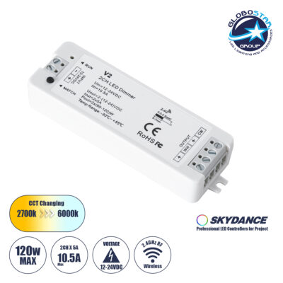 LEDTM® 71564 V2 SKYDANCE DC RF 2.4Ghz Dimmer High Speed Controller 2 Καναλιών DC 12-24V 2 x 5A 120W - Max 10.5A 252W - IP20 Μ10 x Π3.5 x Υ2cm - 5 Years Warranty
