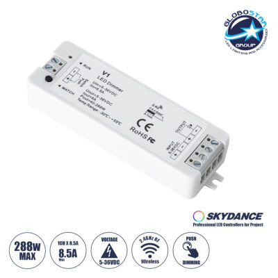 LEDTM® SKYDANCE-V1 71567 DC RF 2.4Ghz & Push Dimmer / Controller με 1 x 8A 288W Κανάλι DC 5-36V 8A 288W Max IP20 - RF 2.4Ghz & Push Dimming - Μ10 x Π3.5 x Υ2cm - 5 Χρόνια Εγγύηση