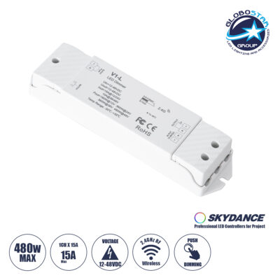 LEDTM® SKYDANCE-V1-L 71568 DC RF 2.4Ghz & Push Dimmer / Controller με 1 x 15A 480W Κανάλι DC 12-48V 15A 480W Max IP20 - RF 2.4Ghz & Push Dimming - Μ17.5 x Π4.5 x Υ2.5cm - 5 Χρόνια Εγγύηση