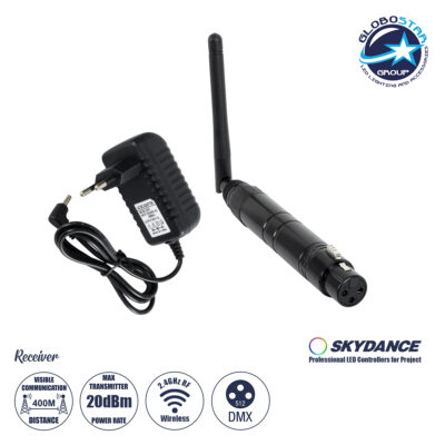 LEDTM® SKYDANCE-DM-WR 71578 DMX512 Ασύρματος Δέκτης RF 2.4Ghz ISM GFSK 20dBm 400m Θηλυκό XLR3 DC 5V IP20 - Μ1.9 x Π1.9 x Υ22cm - 5 Χρόνια Εγγύηση