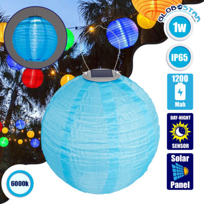 LEDTM® 71594 Αυτόνομο Ηλιακό Φωτιστικό Υφασμάτινη Γαλάζια Μπάλα Φ30cm LED SMD 1W 100lm με Ενσωματωμένη Μπαταρία 1200mAh - Φωτοβολταϊκό Πάνελ με Αισθητήρα Ημέρας-Νύχτας Αδιάβροχο IP65 Ψυχρό Λευκό 6000K