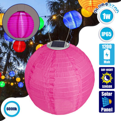 LEDTM® 71596 Αυτόνομο Ηλιακό Φωτιστικό Υφασμάτινη Φούξια Μπάλα Φ30cm LED SMD 1W 100lm με Ενσωματωμένη Μπαταρία 1200mAh - Φωτοβολταϊκό Πάνελ με Αισθητήρα Ημέρας-Νύχτας Αδιάβροχο IP65 Ψυχρό Λευκό 6000K