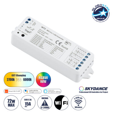 LEDTM® 73010 WT5 SKYDANCE DC WiFi & RF 2.4Ghz Dimmer High Speed Controller 5 Καναλιών DC 12-24V 5 x 3A 72W - Max 15A 360W - IP20 Μ10 x Π4 x Υ2cm - 5 Years Warranty