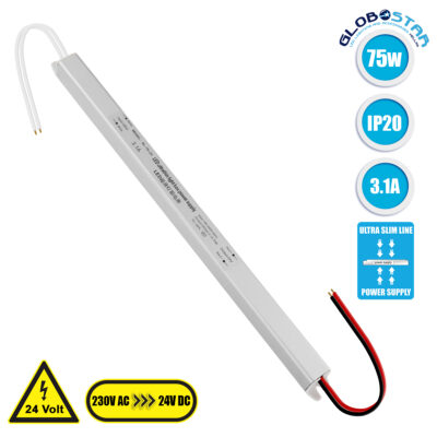 LEDTM® LUMISLIM 73014 Τροφοδοτικό/Μετασχηματιστής PELV 75W 3.1A DC 24V IP20 - AC 220-240V σε DC 24V - Μ31 x Π1.8 x Υ1.8cm - 3 Χρόνια Εγγύηση