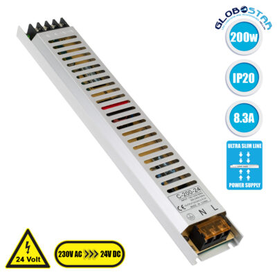 LEDTM® LUMISLIM 73017 Τροφοδοτικό/Μετασχηματιστής PELV 200W 8.3A DC 24V IP20 - AC 220-240V σε DC 24V - Μ31 x Π5.4 x Υ2.3cm - 3 Χρόνια Εγγύηση