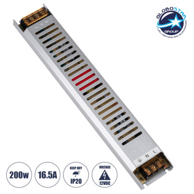 LEDTM® 73028 Μεταλλικό Τροφοδοτικό PELV Ultra Slim για Προϊόντα LED 200W 16.5A - AC 220-240V σε DC 12V - IP20 L31 x W5.4 x H2.3cm - 3 Χρόνια Εγγύηση