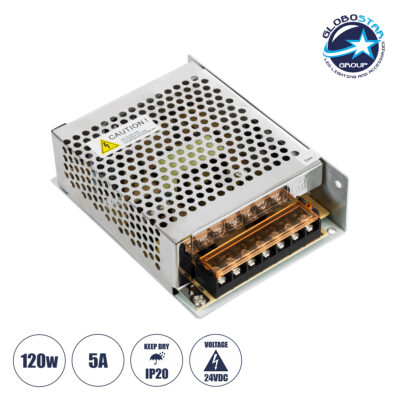 LEDTM® LUMIVOLT 73043 Τροφοδοτικό/Μετασχηματιστής PELV 120W 5A DC 24V IP20 - AC 220-240V σε DC 24V / Ρυθμιζόμενo από DC 22.5V έως DC 25.5V - Μ13 x Π10 x Υ4cm - 3 Χρόνια Εγγύηση