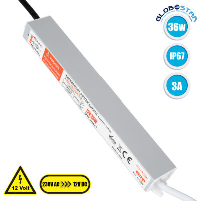 LEDTM® LUMIWATER 73051 Τροφοδοτικό/Μετασχηματιστής SELV 36W 3A DC 12V Αδιάβροχο IP67 - AC 220-240V σε DC 12V - Μ22.1 x Π3 x Υ2cm - 3 Χρόνια Εγγύηση