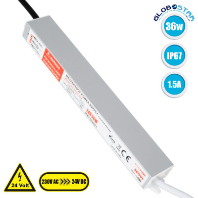 LEDTM® LUMIWATER 73061 Τροφοδοτικό/Μετασχηματιστής SELV 36W 1.5A DC 24V Αδιάβροχο IP67 - AC 220-240V σε DC 24V - Μ22.1 x Π3 x Υ2cm - 3 Χρόνια Εγγύηση