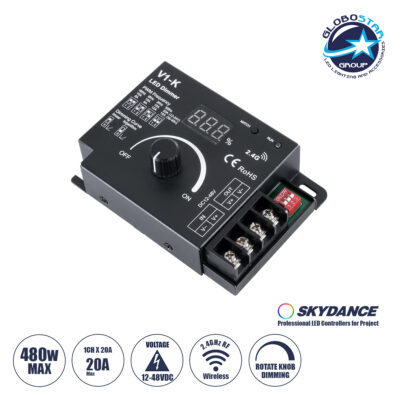 LEDTM® SKYDANCE-V1-K 73117 Dimmer με 1 x 20A 480W Κανάλι DC 12-48V 20A 480W Max IP20 - PWM - RF2.4Ghz - Μ10.7 x Π7.5 x Υ3.8cm - 5 Χρόνια Εγγύηση