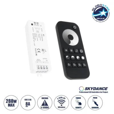 LEDTM® 73118 RT1+V1 SKYDANCE ΣΕΤ Dimmer & Ασύρματο Χειριστήριο Αφής 1 Group RF 2.4Ghz 8A Max DC 5-36V (288W) - DC 3V IP20 - 5 Χρόνια Εγγύηση