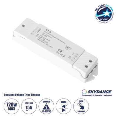 LEDTM® SKYDANCE-V1-S 73127 DC Triac & Push Dimmer CV Τροφοδοτικό/Μετασχηματιστής SELV με 1 x 15A 720W Κανάλι AC 220-240V σε DC 12-48V 15A 720W Max IP20 - Triac & Push Dimming - Μ17.5 x Π4.5 x Υ2.5cm - 5 Χρόνια Εγγύηση