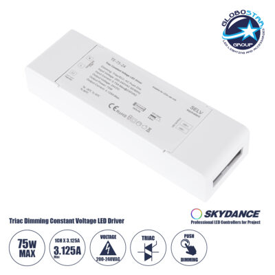 LEDTM® SKYDANCE-TE-75-24 73130 DC Triac & Push Dimmer CV Τροφοδοτικό/Μετασχηματιστής SELV με 1 x 3.125A 75W Κανάλι AC 220-240V σε DC 24V 3.125A 75W Max IP20 - Triac & Push Dimming - Μ18 x Π5.7 x Υ3cm - 5 Χρόνια Εγγύηση