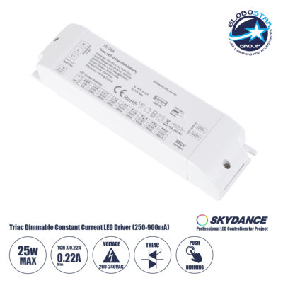 LEDTM® SKYDANCE-TE-25A 73134 DC Triac & Push Dimmer CC Τροφοδοτικό/Μετασχηματιστής SELV με 1 x 250-900mA 25W Κανάλι AC 220-240V σε DC 10-52V 900mA 25W Max IP20 - Triac & Push Dimming - Μ17.5 x Π4.4 x Υ3cm - 5 Χρόνια Εγγύηση