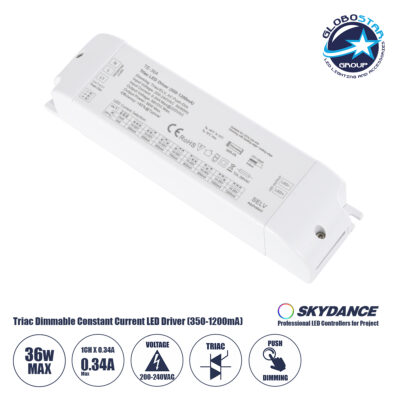 LEDTM® SKYDANCE-TE-36A 73135 DC Triac & Push Dimmer CC Τροφοδοτικό/Μετασχηματιστής SELV με 1 x 320-1200mA 36W Κανάλι AC 220-240V σε DC 10-52V 1200mA 36W Max IP20 - Triac & Push Dimming - Μ17.5 x Π4.4 x Υ3cm - 5 Χρόνια Εγγύηση