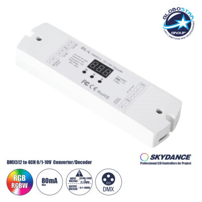 LEDTM® 73140 DL-L SKYDANCE AC DMX512 to 0/1-10V Converter / Decoder 4 Καναλιών - 2 Inputs DC 12-24V ή AC 100-240V - IP20  Μ17 x Π5 x Υ2.5cm - 5 Χρόνια Εγγύηση