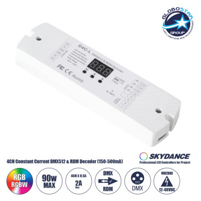 LEDTM® 73145 D4C-L SKYDANCE DC DMX512 Constant Current & RDM Decoder 4 Καναλιών DC 12-48V 4 x 0.5A 22.5W - Max 2A 90W - IP20  Μ17 x Π5 x Υ2.5cm - 5 Χρόνια Εγγύηση