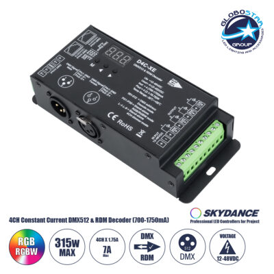 LEDTM® SKYDANCE-D4C-XE 73147 DC CC DMX Master Dimmer / Controller / Decoder Υψηλής Ταχύτητας με 4 x 700-1750mA 2.1-78.75W Κανάλια DC 12-48V σε DC 3-45V 7000mA 315W Max IP20 - DMX512 & RDM - Μ16.5 x Π7 x Υ3.7cm - 5 Χρόνια Εγγύηση