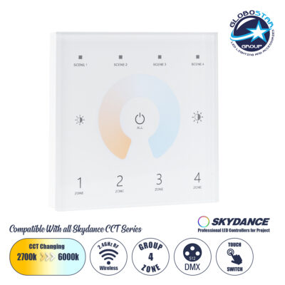 LEDTM® 73160 T12 SKYDANCE Ασύρματο DMX512 Επιτοίχιο Χειριστήριο RF 2.4Ghz 4 Group για όλα τα SKYDANCE DMX512 Controller AC 100-240V Max 0.1A - IP20  Μ8.5 x Π8.5 x Υ3.5cm - 5 Χρόνια Εγγύηση