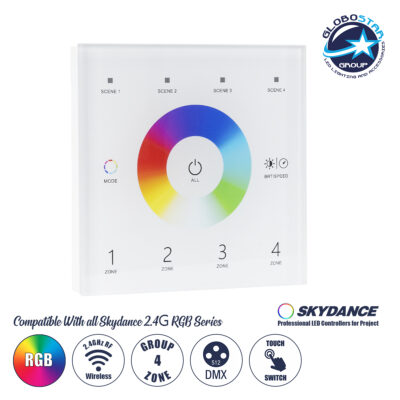 LEDTM® 73161 T13 SKYDANCE Ασύρματο DMX512 Επιτοίχιο Χειριστήριο RF 2.4Ghz 4 Group για όλα τα SKYDANCE DMX512 Controller AC 100-240V Max 0.1A - IP20  Μ8.5 x Π8.5 x Υ3.5cm - 5 Χρόνια Εγγύηση