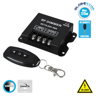 LEDTM® DIMMERME 73310 Σετ Dimmer με RF Ασύρματο Χειριστήριο με 1 x 30A 720W Κανάλι DC 12-24V 30A 720W Max IP20 - RF2.4Ghz - Μ8.7 x Π6.2 x Υ2cm - 2 Χρόνια Εγγύηση