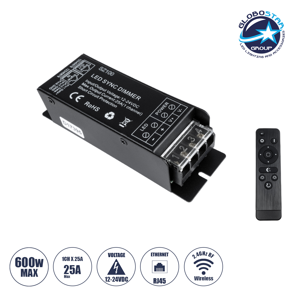 LEDTM® DIMMERIO 73311 Σετ Dimmer με RF Ασύρματο Χειριστήριο με 1 x 25A 600W Κανάλι DC 12-24V 25A 600W Max IP20 - RF2.4Ghz SYNC - Μ12.7 x Π4 x Υ3.2cm - 2 Χρόνια Εγγύηση