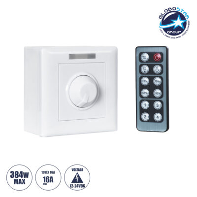 LEDTM® 73317 Επιτοίχιο Dimmer με Ασύρματο Χειριστήριο RF DC 12-24V για Μονόχρωμα Προϊόντα LED 16A Max 384W Μ9 x Π9 x Υ4.5cm - 2 Χρόνια Εγγύηση